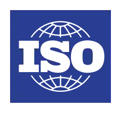 A blue rectangle with a white line drawing of a sphere inside divided longitudinally and latitudinally and emblazoned with the letters "ISO" in white