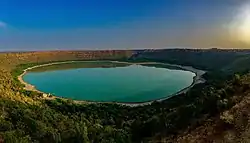 Aerial view of Lonar crater lake in Buldhana district (Maharashtra)