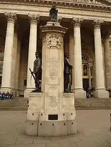 London Troops memorial, Royal Exchange behind (western side, front view looking east)