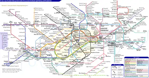 Diagram containing several differently-coloured lines that connect nodes, which are small hollow black circles. The lines are mostly straight but sometimes have curved bends at regular angles. A stylised light-blue river is included.