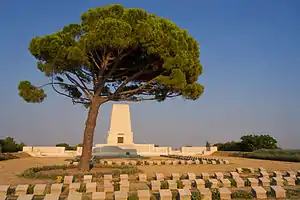 A line of headstones in front of a large white building