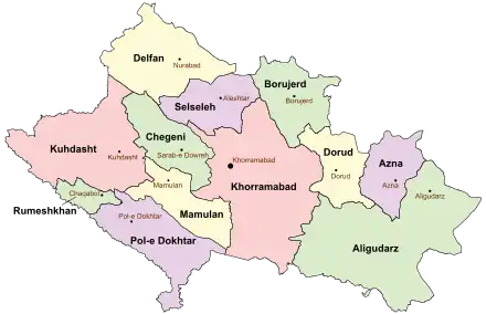 Location of Khorramabad County in Lorestan province (center, pink)