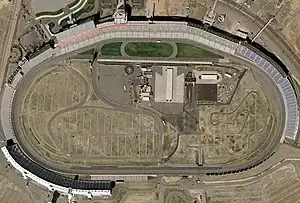 An aerial view of an oval-shaped motor-racing circuit.