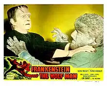 Re-release lobby card for Frankenstein Meets the Wolf Man  (1943) with Bela Lugosi and Lon Chaney Jr.