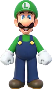 3D render of a cartoon plumber with a mustache, a large round nose, a green cap with the letter L, a green shirt, indigo overalls, and brown shoes.