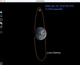 Lunar Gateway orbit. Trajectory plot over seven days with the view fixed on Moon and Earth.