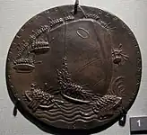 German commemorative medal by Ludwig Gies, 1915. Shows Lusitania packed with people, lowering lifeboats.