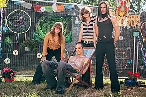 Måneskin at the Glastonbury Festival in 2023; from left to right: Victoria De Angelis, Damiano David, Thomas Raggi, and Ethan Torchio