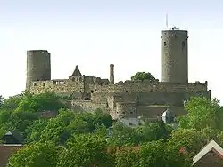 A large castle with 2 bergfrieds: the Hessian castle of Münzenberg, Central Germany