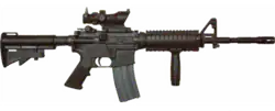 An M4A1 with SOPMOD package, including Rail Interface System and Trijicon 4× ACOG