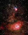 Lagoon and Trifid Nebulae in a montage of two film exposures with an 8" Schmidt–Newton telescope, manually guided