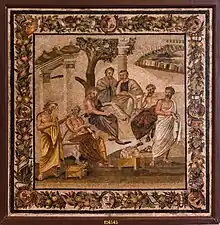 Mosaic: seven men standing under a tree