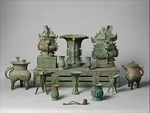 Altar set; late 11th century BC; bronze; overall (table): height: 18.1 cm (71⁄8 in.), width: 46.4 cm (181⁄4 in.), depth: 89.9 cm (353⁄8 in.); Metropolitan Museum of Art (New York City, U.S.)