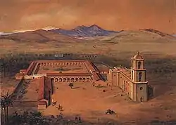 An 1894 painting by Frederick Behre features a wildly improbable steeple over the entrance of San Juan Capistrano's "Great Stone Church" (it was incorrectly believed to portray the way the church looked before the 1812 earthquake; archaeological excavations in 1938 revealed that the steeple placement as shown in the painting was impossible). The landscape in the background of this painting was later modified by John Gutzon Borglum. Watercolor and gouache.