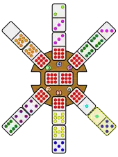 A 1-5 domino is placed leading southeast, matching the free end of the 9-1 domino in the station hub.