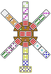 A double-five domino is placed crosswise to the south-leading train, matching the free end of the 7-5 domino.