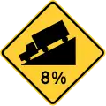 Steep downgrade, with slope given as a percentage.  Used on Quebec Route 138 between Quebec City and La Malbaie and elsewhere