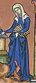 1 – From the Morgan Bible, c. 1250: the wife of Manoah wears a veil and wimple. Note striped hose.