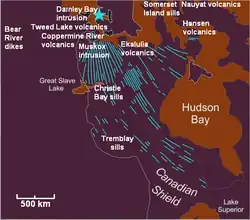 Map of the Mackenzie Large Igneous Province and its sub-features. Blue star marks the approximate focal point for the 1,270 million year old magmatic activity.