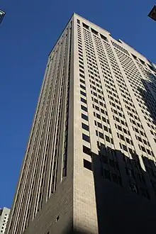 The southern and eastern facades as seen from the corner of Madison Avenue and 55th Street, looking up