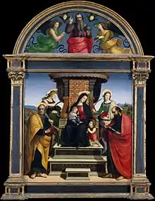 The greenish tint of the Madonna's mantle in Raphael's Madonna and Child Enthroned with Saints is due to azurite weathering to malachite