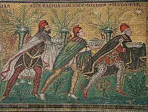 The Three Magi, Byzantine mosaic, c. 565 AD, Basilica of Sant'Apollinare Nuovo, Ravenna, Italy. Balthazar is depicted on the left