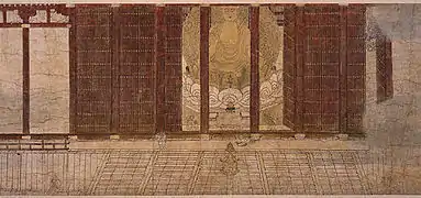 An imposing golden Buddha statue stands in a large wooden building.  A nun is sketched below the statue, sleeping or praying.