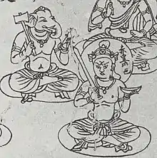 Two-armed Mahākāla (lower right) holding a sword and a skull cup