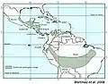 Historic distribution of mahogany from Mexico to southeastern Amazonia according to Lamb (1966). From Martinez et al. 2008.[citation needed]