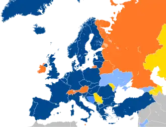 Map of Europe with countries in six different colors based on their affiliation with NATO