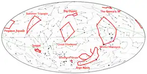 Some major asterisms, featuring many of the brightests stars in the night sky on a celestial map.