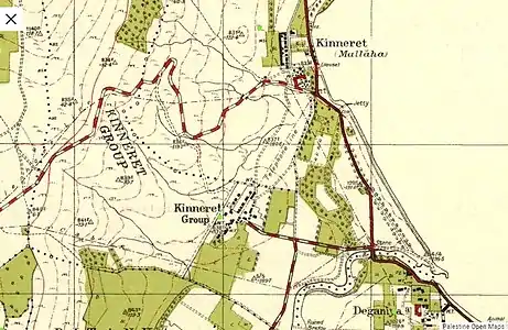 "Kinneret Group" (settlement and lands) on British Survey of Palestine map, ca. 1941