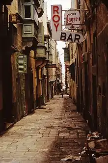 Street scene in Valletta, Malta showing mashrabiya, 1967