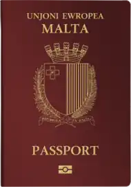 Cover of a Maltese biometric passport. Cover is burgundy colour with a gold-coloured coat of arms.  Text reads "UNJONI EWROPEA"  and "MALTA" above the crest, with "PASSAPORT" below