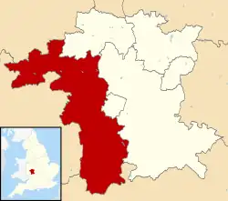 Malvern Hills shown within Worcestershire and England