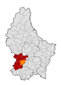 Map of Luxembourg with Mamer highlighted in orange, and the canton in dark red