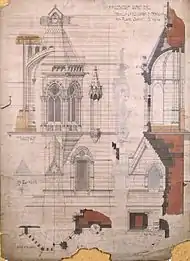 Working drawing for a Gothic oriel window on Manchester Town Hall c.1868, located on the first floor on the corner of Princess Street and Albert Square, it lights the Banqueting Room, judging by the damage this was almost certainly used on the building site