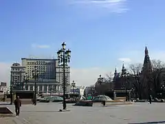 The original Hotel Moskva just before demolition, with a huge neon sign on top advertising Baltika Beer