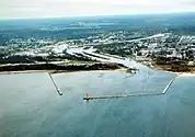 Aerial view of Manistique showing Manistique River