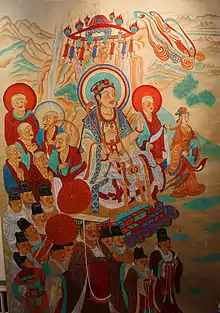 Manjusri Bodhisattva debates Vimalakirti. Scene from the Vimalakirti Nirdesa Sutra. Dunhuang, Mogao Caves, China, Tang Dynasty.