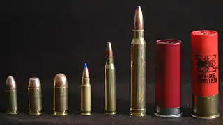 From left to right: 9mm Luger, .40 S&W, .45 ACP, 5.7×28mm, 5.56×45mm NATO, .300 Winchester Magnum, and a 70 mm (2.75 inches) and 76 mm (3 inches) 12 gauge