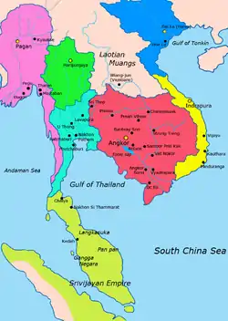 Map of Mainland Southeast Asia circa 1000 - 1100 CE 
Cyan: Lavo KingdomRed: Khmer EmpireGreen: Hariphunchai KingdomLight green: SrivijayaYellow: ChampaBlue: Dai VietPink: Bagan Kingdom