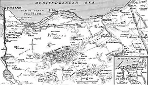 A 1917 black and white line drawing map showing the Mediterranean Sea coastline of the Sinai Peninsula, with Port Said and the Suez Canal shown at far left and Rafa and the Egypt/Palestine border shown at far right. A small inset at bottom right shows the wider area of Egypt and Palestine.