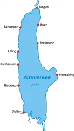 Map of lake with settlements and deepest point marked