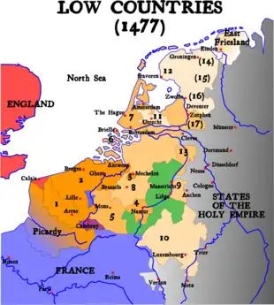 The Burgundian Netherlands at the end of Charles the Bold's reign (1477)