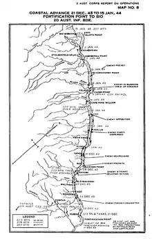 map of New Guinea coast with arrows indicating route taken by the Australian advance.