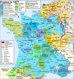 In blue, the allied powers to the County of Blois by 1477. It represents half of the Kingdom of France.