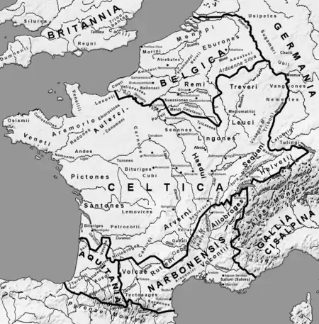 Map of Gaul with tribes, 1st century BC; the Petrocorii are circled.