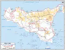 Topographical map of Sicily, with details of landing areas and Axis positions