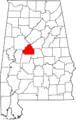 Map of Alabama highlighting Bibb County